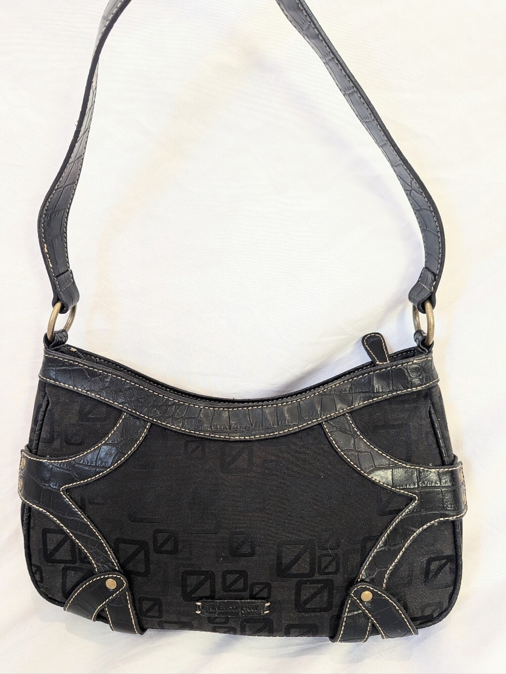 Nine & Company Y2K Monogram Shoulder Bag Black Canvas Croc Trim
